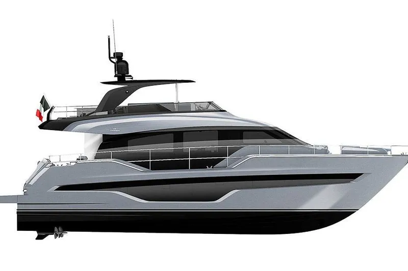 Slide: The Image of 2026 Cranchi Sessantasette 67 yacht, sleek design, side view, modern luxury vessel. - 52