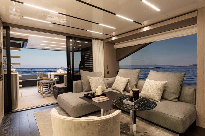 Slide: The Image of Luxurious interior of 2026 Cranchi Sessantasette 67 Corsa yacht with ocean view. - 10
