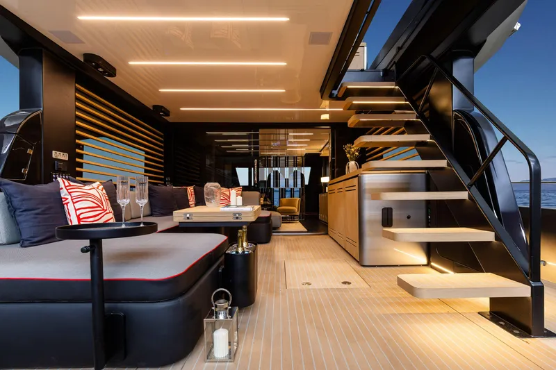 Slide: The Image of Luxurious interior of 2026 Cranchi Sessantasette 67 Corsa yacht with modern seating and elegant lighting. - 18
