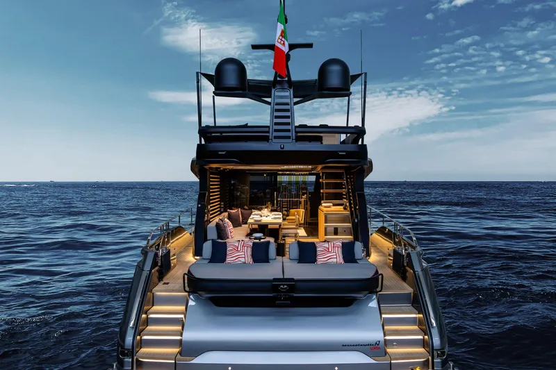Slide: The Image of Luxury Cranchi Sessantasette 67 Corsa yacht, 2026 model, on open sea at sunset. - 41