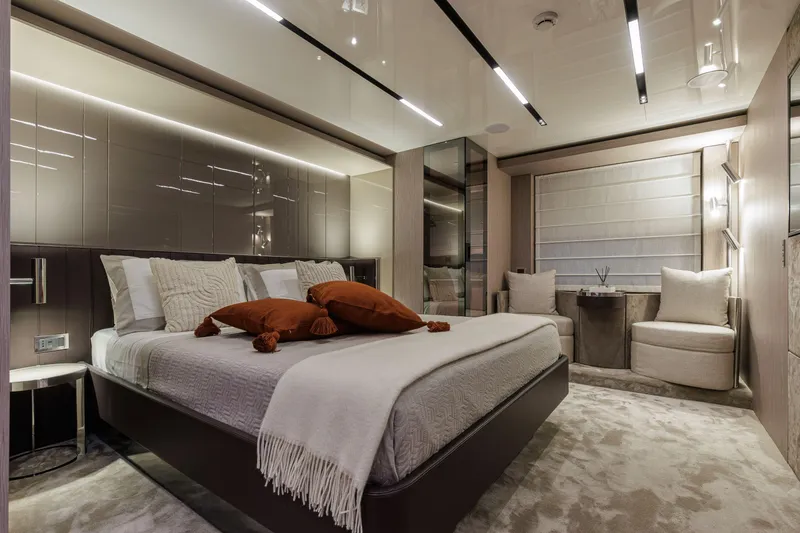 Slide: The Image of Luxurious bedroom interior of 2026 Cranchi Sessantasette 67 Corsa yacht, featuring modern design and plush furnishings. - 45
