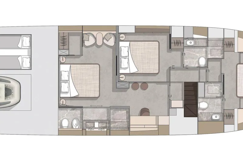 Slide: The Image of Floor plan of 2026 Cranchi Sessantasette 67 Corsa yacht, featuring luxurious cabins and bathrooms. - 55