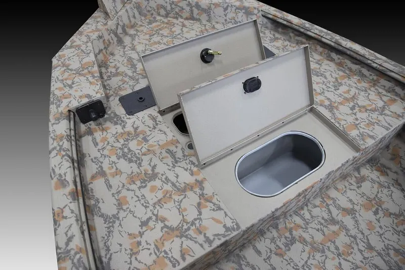 Slide: The Image of Manufacturer Provided Image: 2026 Xpress X18DB boat with open storage compartments, camo pattern design. - 30