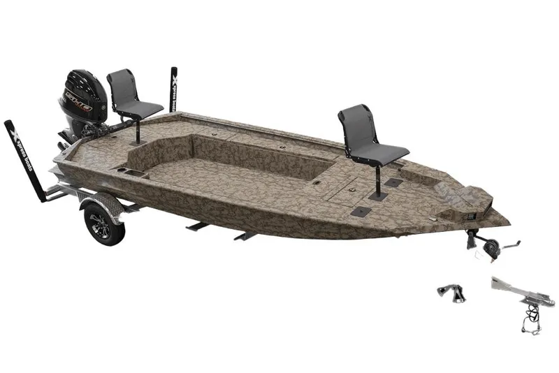 Slide: The Image of Manufacturer Provided Image: 2026 Xpress X18DB boat with camo design, dual seats, and outboard motor. - 36