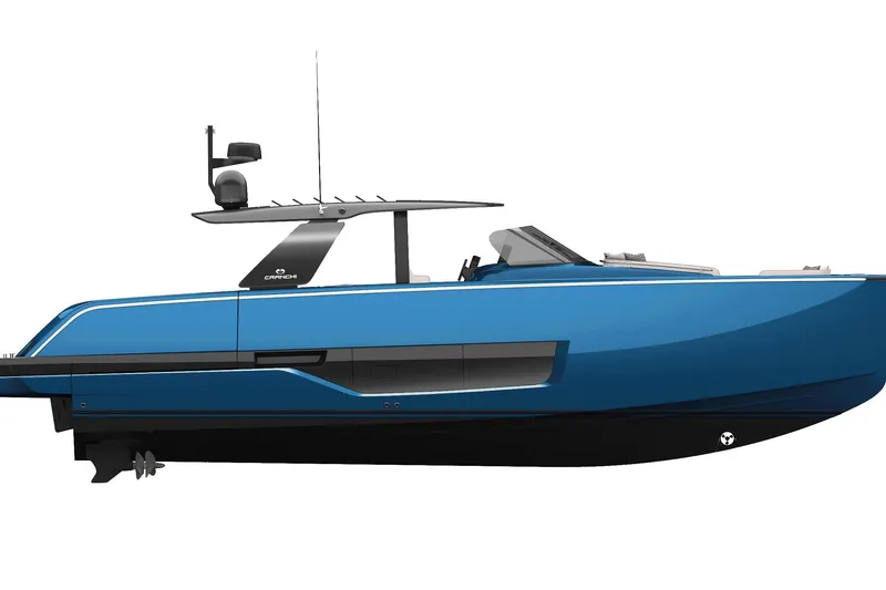 Slide: The Image of 2026 Cranchi A46 Luxury Tender, sleek blue design, side view, modern yacht. - 50