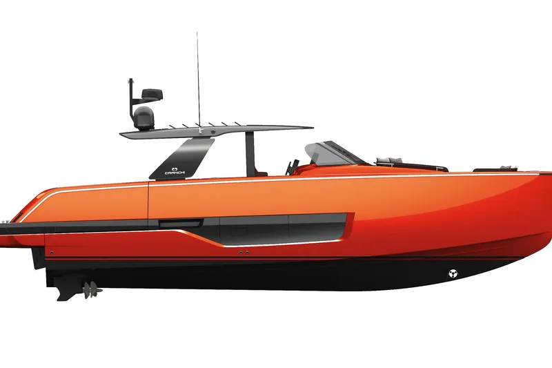 Slide: The Image of 2026 Cranchi A46 Luxury Tender, sleek orange design, side view, modern yacht. - 54