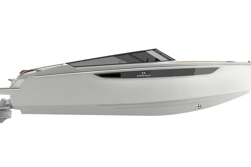 Slide: The Image of 2026 Cranchi E26 Classic boat, sleek white design, side view. - 50