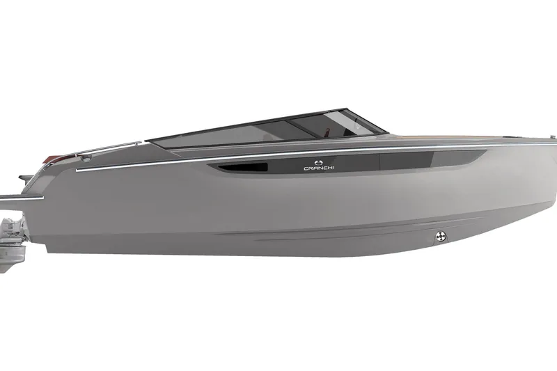Slide: The Image of 2026 Cranchi E26 Classic boat, sleek gray design, side view. - 53
