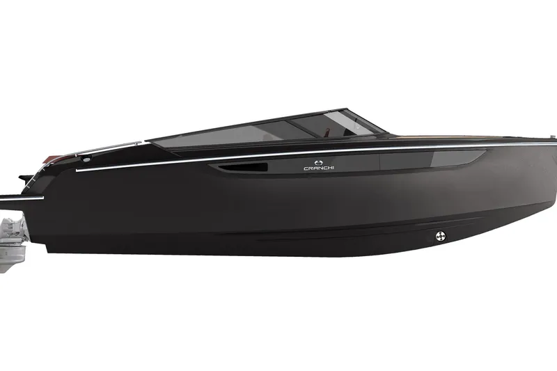 Slide: The Image of 2026 Cranchi E26 Classic boat, sleek black design, side view. - 55
