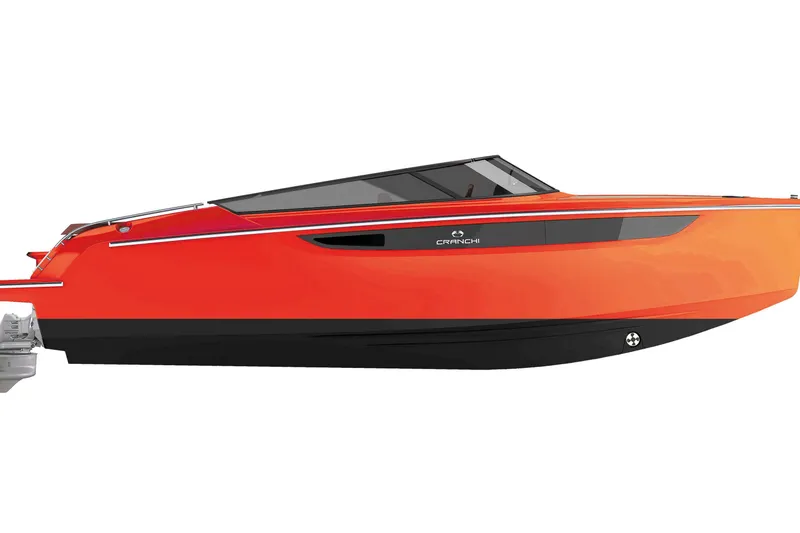 Slide: The Image of 2026 Cranchi E26 Classic boat, sleek orange design with black accents, side view. - 56