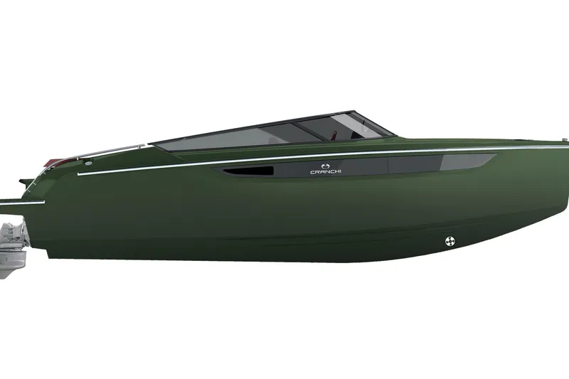 Slide: The Image of 2026 Cranchi E26 Classic boat, sleek green design, side view. - 57