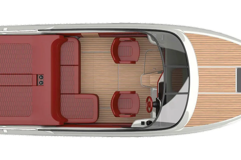 Slide: The Image of 2026 Cranchi E26 Classic boat interior with red seating and wooden deck. - 58