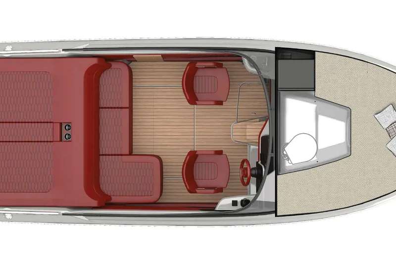 Slide: The Image of Top view of 2026 Cranchi E26 Classic boat interior with red seating and wooden flooring. - 59