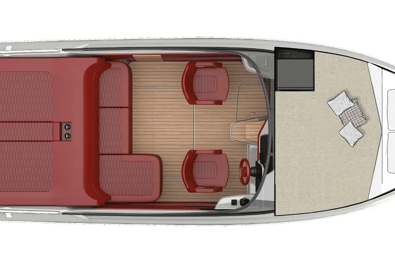 Slide: The Image of Top view of 2026 Cranchi E26 Classic boat interior with red seating and wooden flooring. - 60