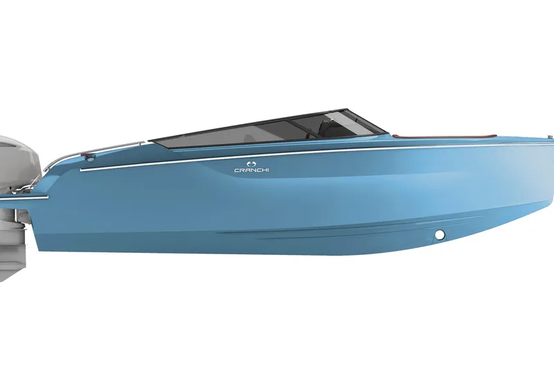 Slide: The Image of 2026 Cranchi E26 Rider boat in sleek blue design, side view. - 48
