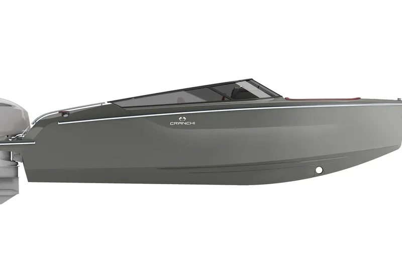 Slide: The Image of 2026 Cranchi E26 Rider boat, sleek gray design, side view. - 51