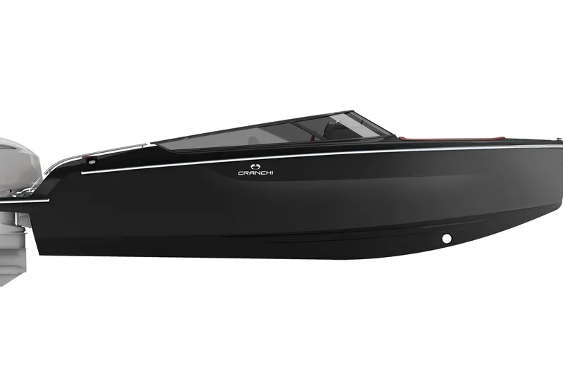 Slide: The Image of 2026 Cranchi E26 Rider boat, sleek black design, side view. - 52