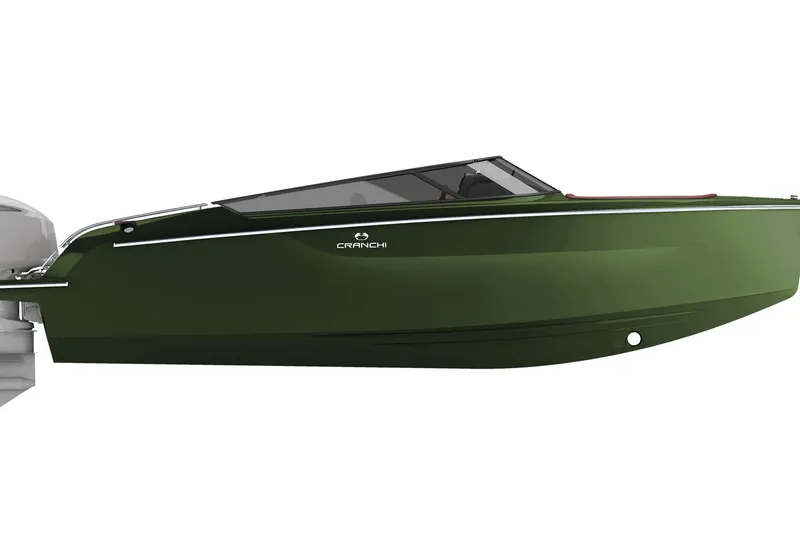 Slide: The Image of 2026 Cranchi E26 Rider boat in sleek green design, side view. - 53
