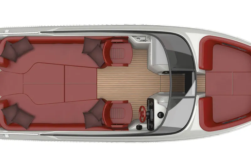 Slide: The Image of Top view of 2026 Cranchi E26 Rider boat with red seating and wooden deck. - 55