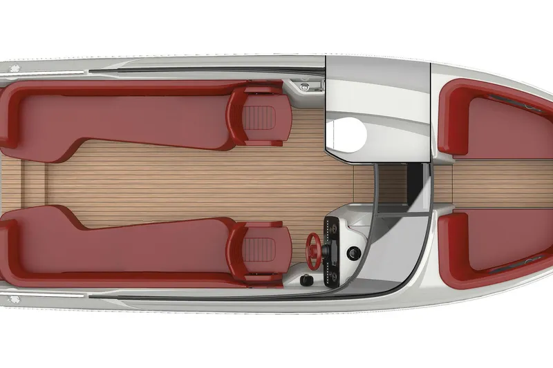 Slide: The Image of Top view of 2026 Cranchi E26 Rider boat with red seating and wooden deck. - 56