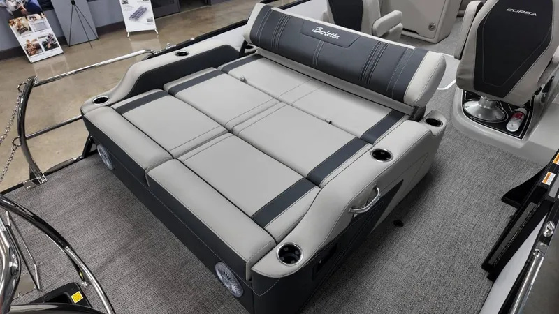 Slide: The Image of Barletta Corsa 23UC 2026, luxurious boat seating in gray and black. - 49