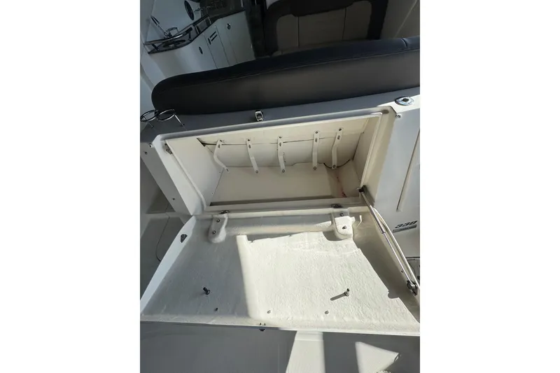 Slide: The Image of Engine room of a 2014 Sea Ray 330 Sundancer boat with dual engines. - 23