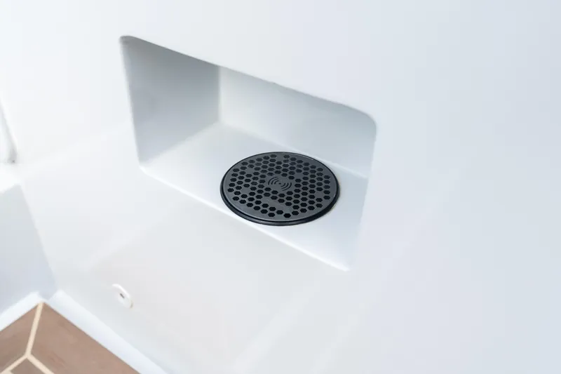 Slide: The Image of Interior detail of 2023 VanDutch 32 yacht, featuring a sleek, modern drainage system. - 22