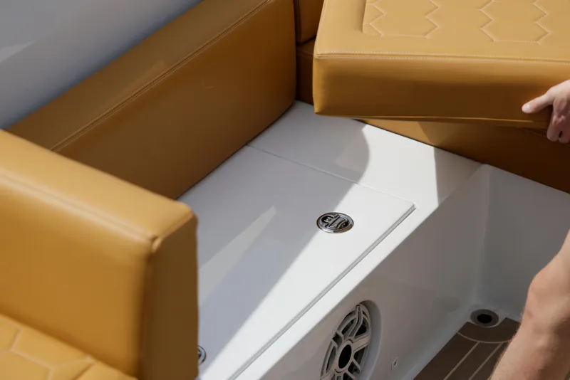 Slide: The Image of Luxurious seating on 2023 VanDutch 32 yacht with tan cushions and sleek design. - 25