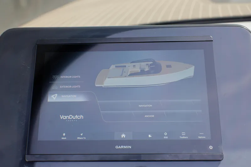 Slide: The Image of Garmin navigation display on 2023 VanDutch 32 yacht, showing boat interface and controls. - 35