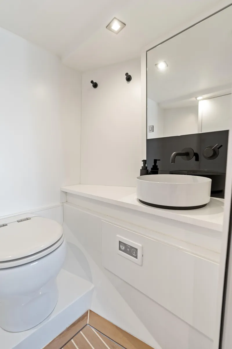 Slide: The Image of Modern bathroom interior on 2023 VanDutch 32 yacht, featuring sleek design and fixtures. - 38