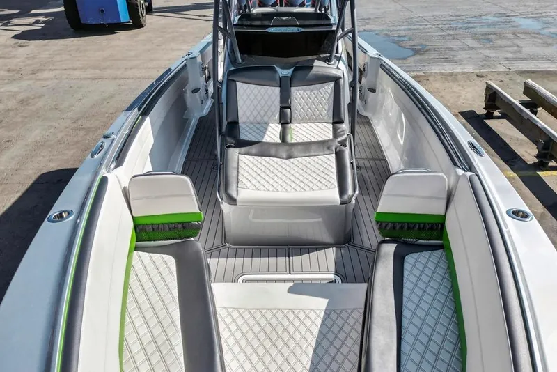Slide: The Image of 2021 Nor-Tech 390 Sport Center Console boat with stylish seating and modern design. - 53