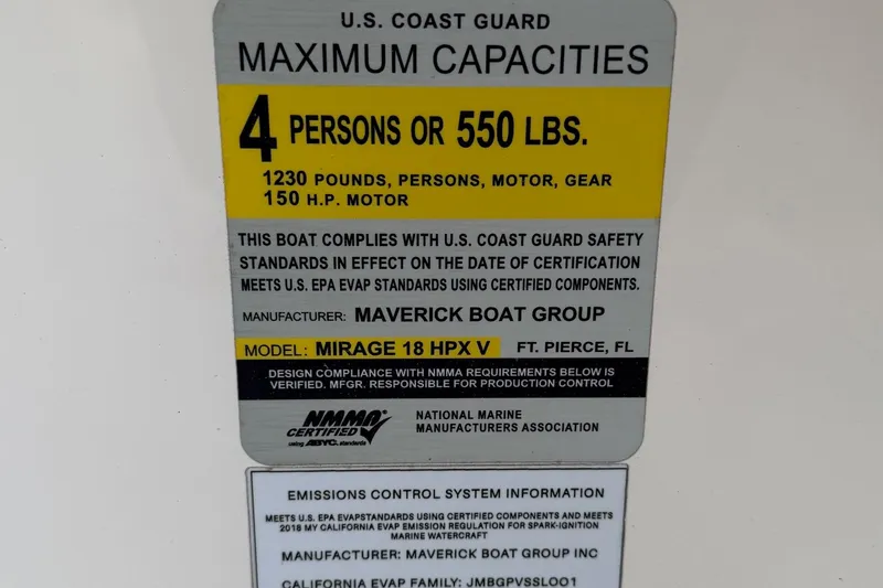 Slide: The Image of 2022 Maverick 18 HPX-V boat capacity label, U.S. Coast Guard certified, 4 persons or 550 lbs. - 32