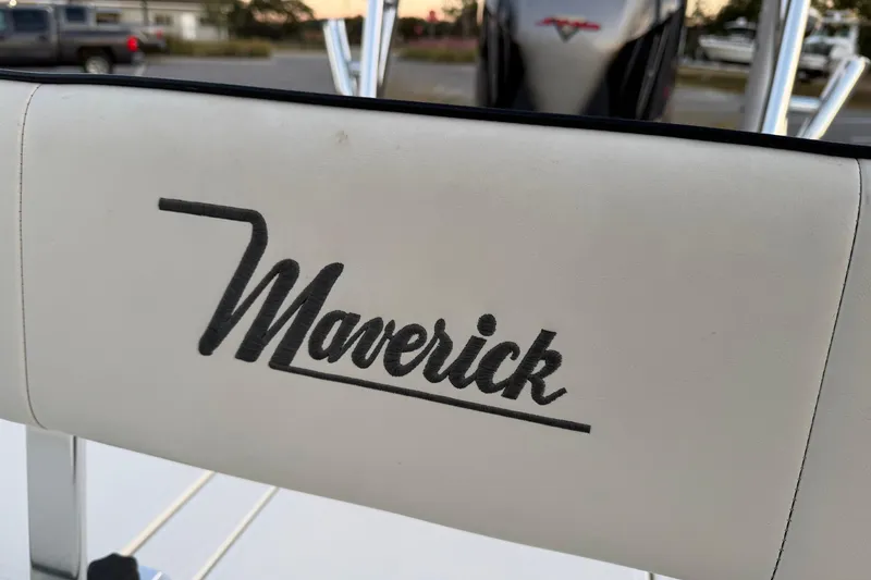 Slide: The Image of 2022 Maverick 18 HPX-V boat seat with logo, outdoor setting. - 33