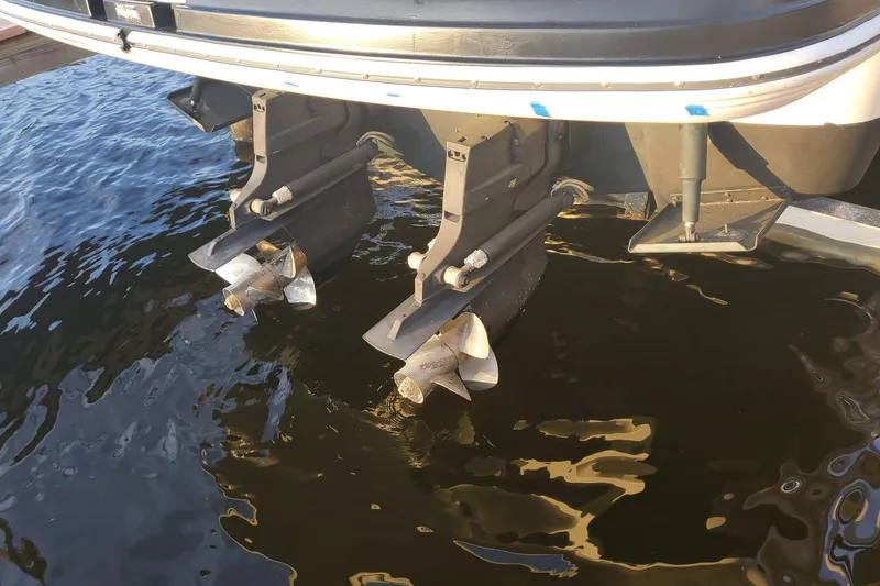 Slide: The Image of 2015 Monterey 315 Sport Yacht propellers submerged in water. - 17