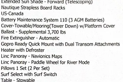Slide: The Image of 2024 Nautique Super Air Nautique G23 Paragon features list, including sun shade, ballast, and surf switch. - 15