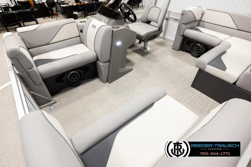 Slide: The Image of Luxurious interior of 2026 Avalon VEN CR pontoon boat with plush seating and modern design. - 10