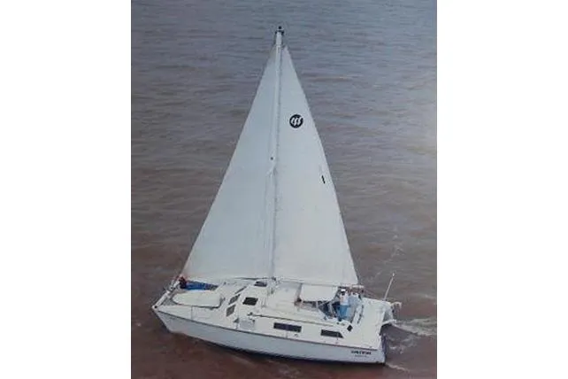 The Image of 1981 Witness Catamaran sailing on open water, showcasing its sleek design and white sails. - 0