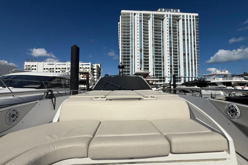 Slide: The Image of 2023 Azimut Verve 47 boat interior with sleek seating and modern design. - 15