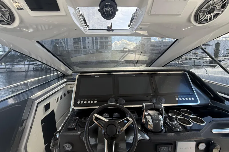 Slide: The Image of 2023 Azimut Verve 47 yacht interior with sleek seating and modern design. - 21