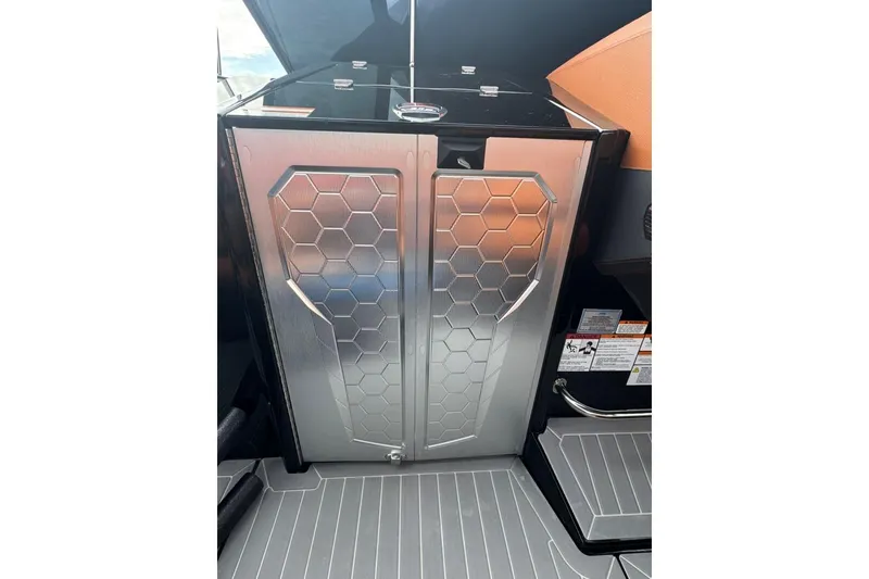 Slide: The Image of 2021 Cruisers Yachts 338 South Beach Edition Bow Rider interior with hexagonal design. - 32