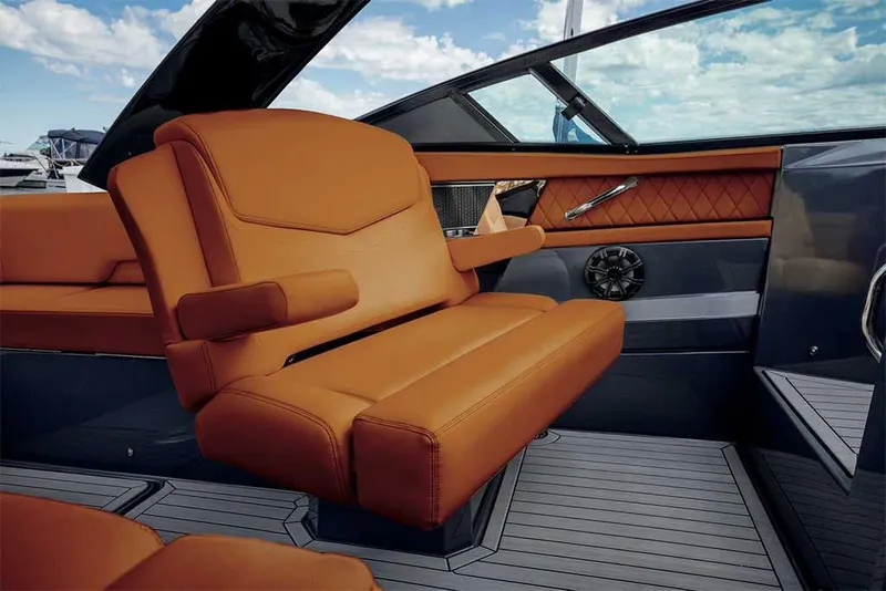 Slide: The Image of Manufacturer Provided Image: 2021 Cruisers Yachts 338 South Beach Edition Bow Rider interior with luxurious tan seating. - 25