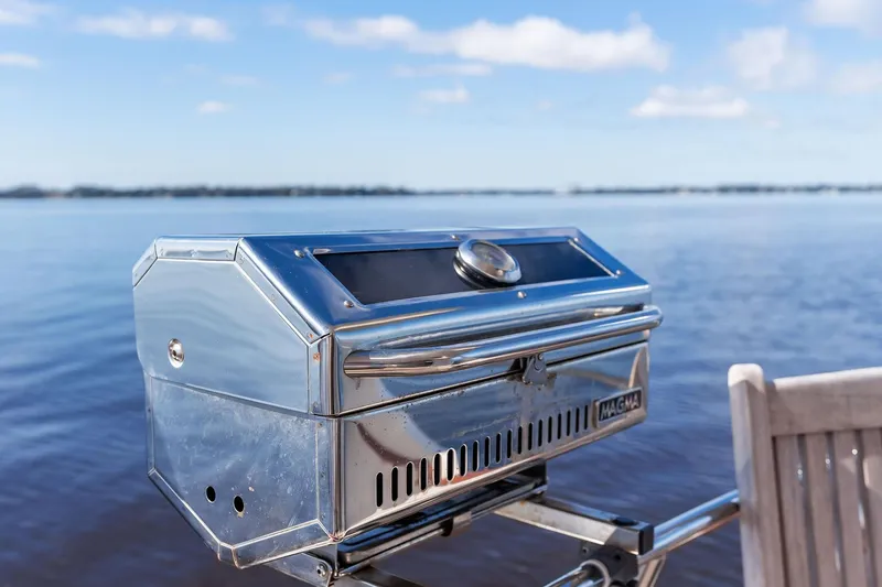 Slide: The Image of Stainless steel grill on Grand Banks Europa 47 yacht, 2006, with ocean backdrop. - 24