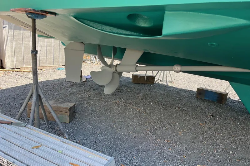 Slide: The Image of Underwater view of 2006 Grand Banks 47 Heritage EU propeller and rudder on dry dock. - 63