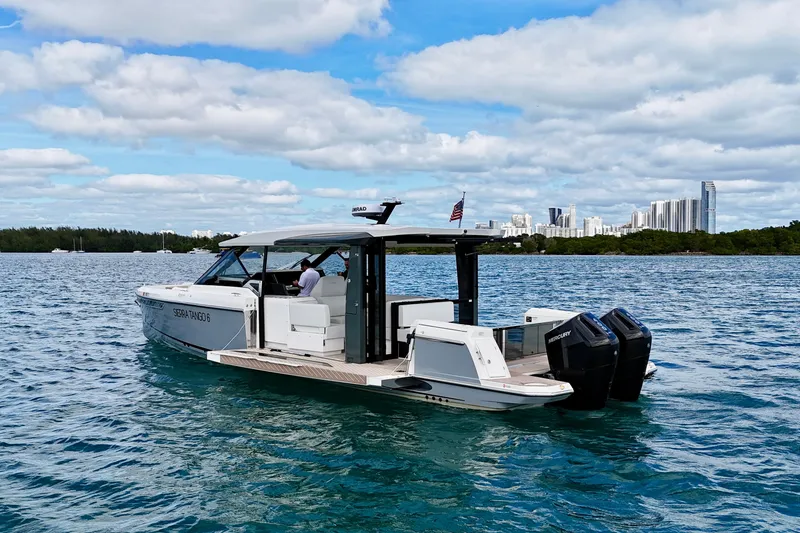 Slide: The Image of 2025 Saxdor 400 GTO boat cruising on blue water with city skyline in background. - 4