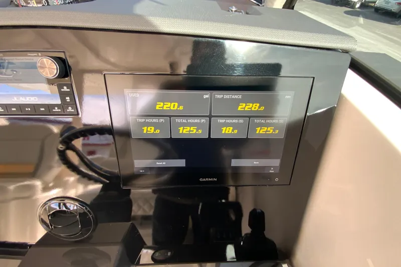 Slide: The Image of 2024 Pursuit DC 326 Dual Console interior cabin with modern design and amenities. - 27