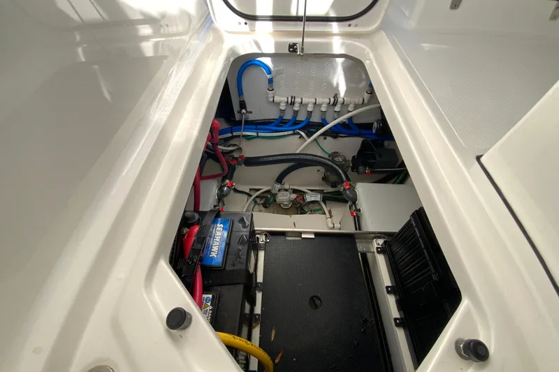 Slide: The Image of 2024 Pursuit DC 326 Dual Console cabin entrance with open door, showcasing interior details. - 39