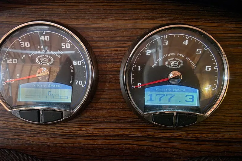 Slide: The Image of Dashboard gauges of a 2014 Cobalt R5 showing speed and engine hours. - 19