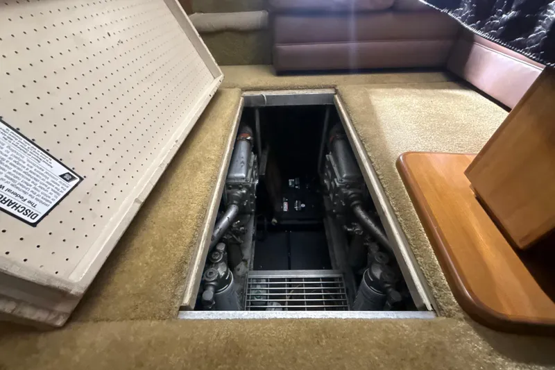 Slide: The Image of Engine compartment of 1984 Viking 44 Motor Yacht with open access panel. - 88