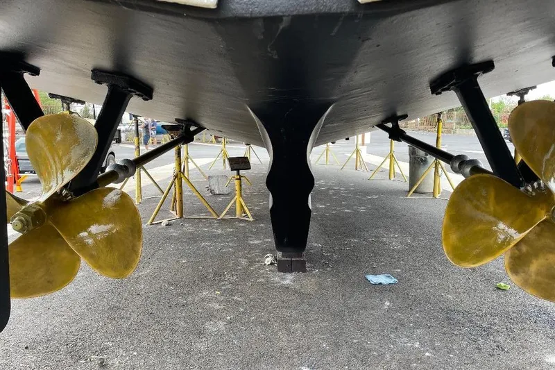 Slide: The Image of Underwater view of 1981 Ocean Alexander 50 Pilothouse propellers on dry dock. - 41