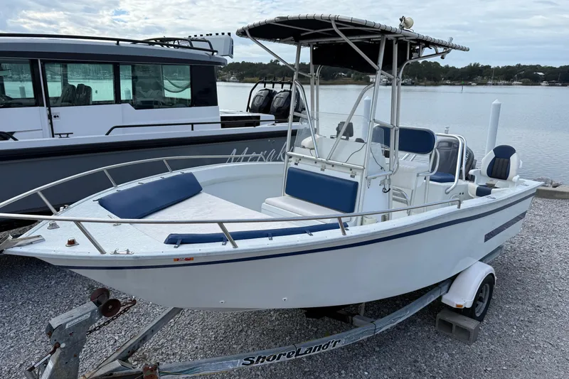 The Image of 1998 Cape Horn 19 CC boat on trailer by the water, featuring blue accents. - 0